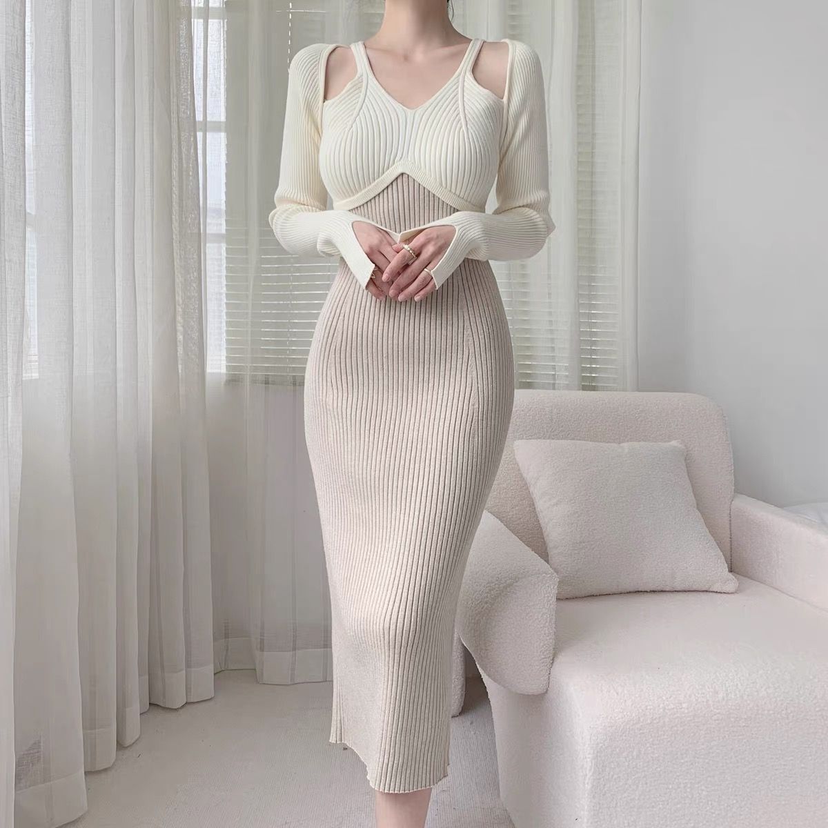 【Dress】配色ニットワンピース Z7672