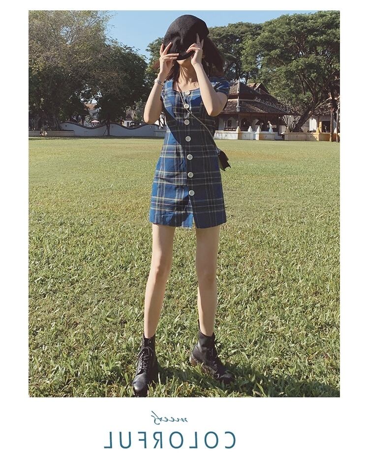 【dress】好感度UP!韓国系気質満点レトロスウィートスクエアネックチェック柄スカート