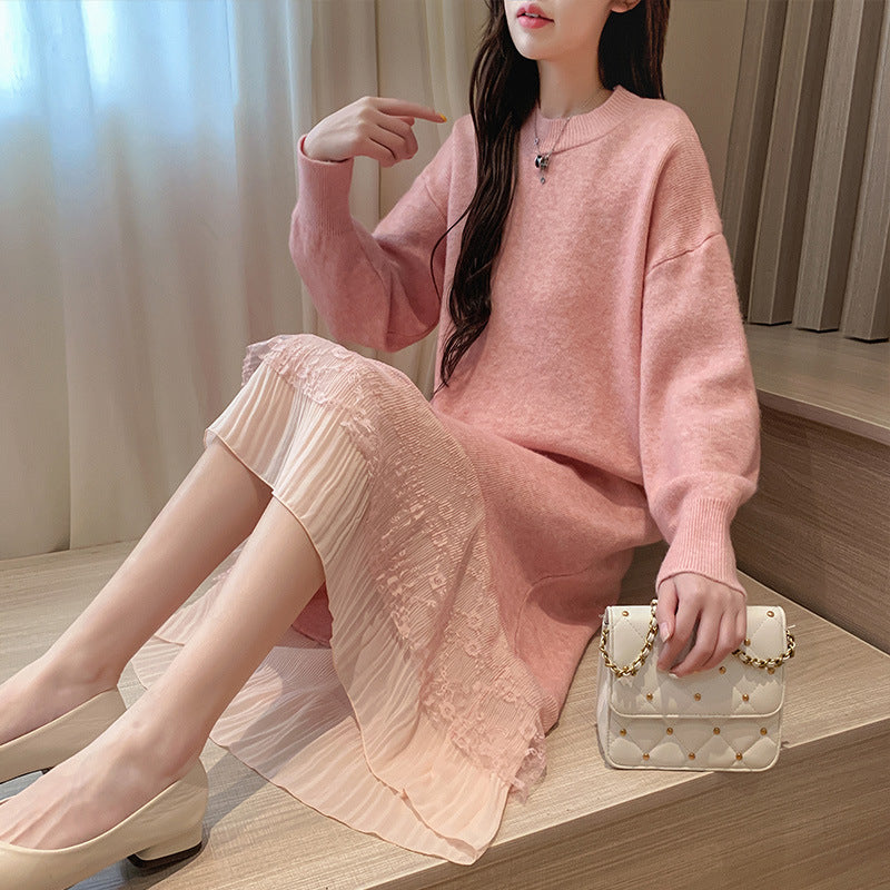 【Dress】レース切り替えルーズニットワンピース W7981