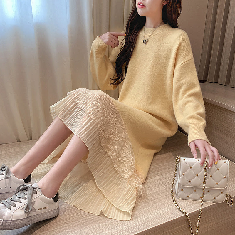 【Dress】レース切り替えルーズニットワンピース W7981