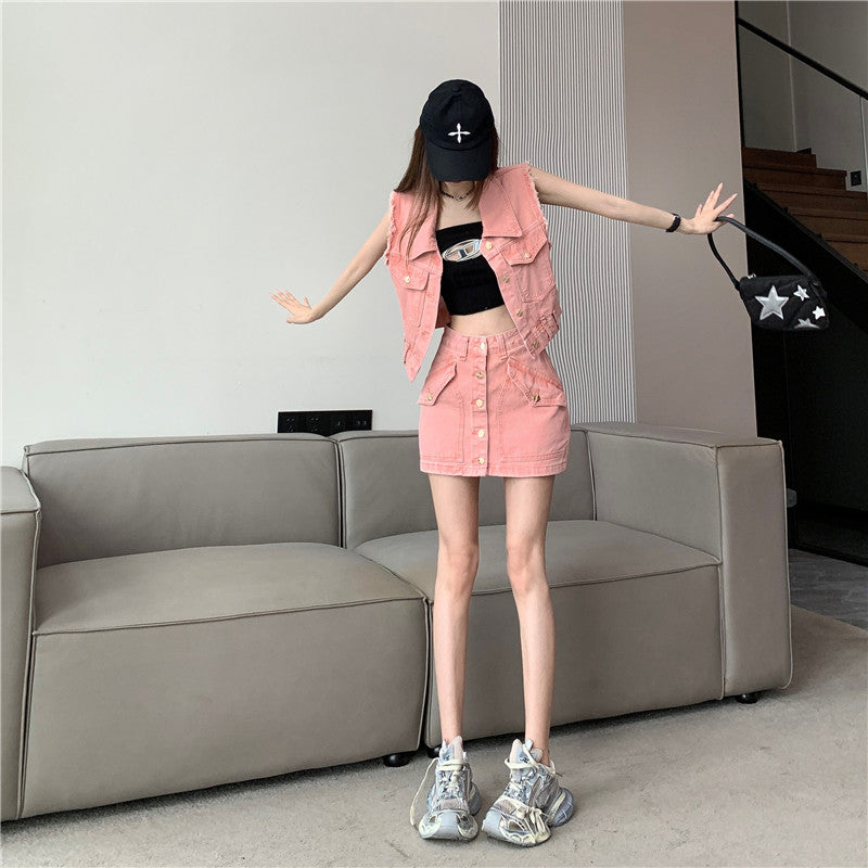 【Set】ベスト×スカートデニムセット W11938