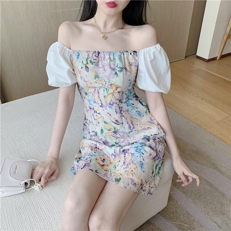 【dress】美人度アップ韓国系森ガール気質ボートネックパフスリーブ花柄スカート