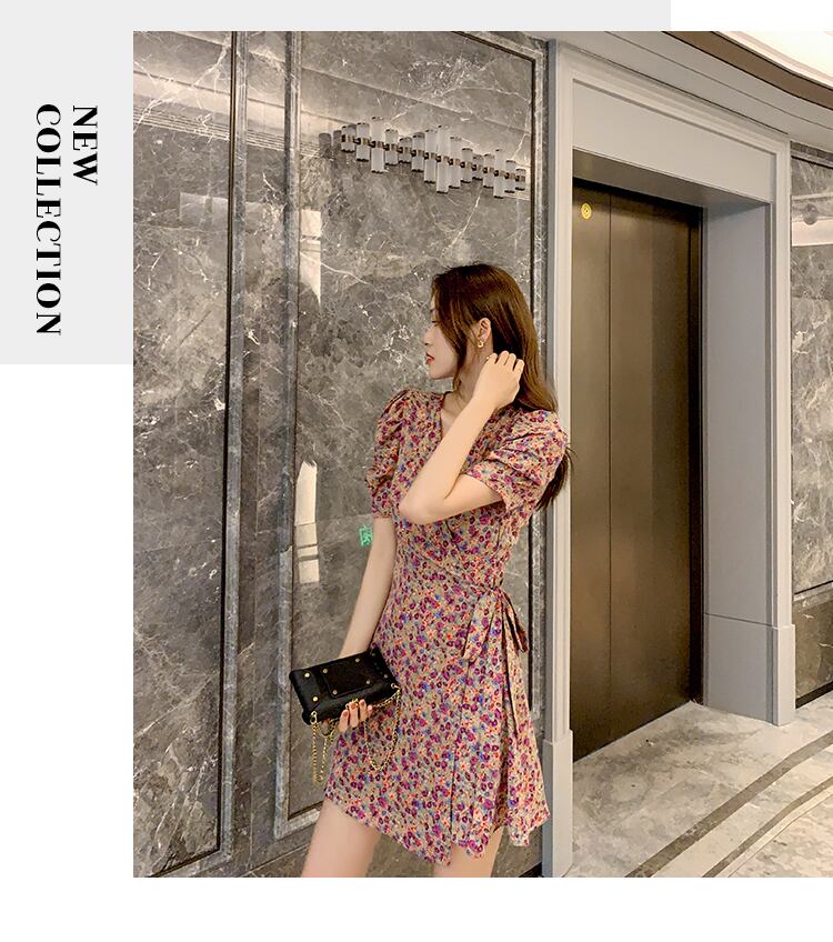 【dress】美人度アップ韓国系スウィート森ガール気質Vネック花柄シフォンスカート