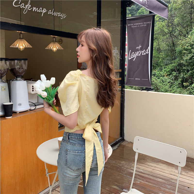 【Tops】新作アイテム~レディース可愛いバックリボン無地ショート丈半袖ブラウス Z-5088