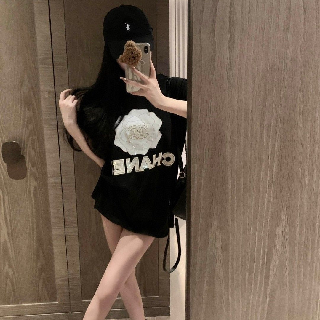 【Tops】キラキラ花柄Tシャツ T01625