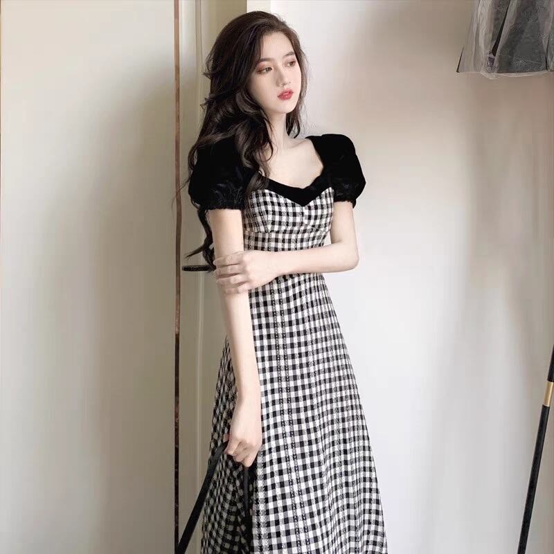 【dress】好感度UP!韓国系気質満点スウィートスクエアネックチェック柄スカート