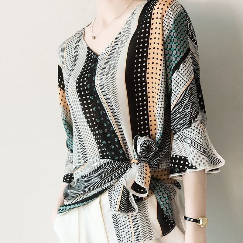 【Tops】こなれ感~オフィス通勤Vネックきれいめ春夏手触り良くシャツ W-5637