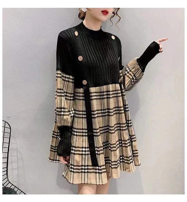 【Dress】長袖切り替えチェック柄ワンピース W13710