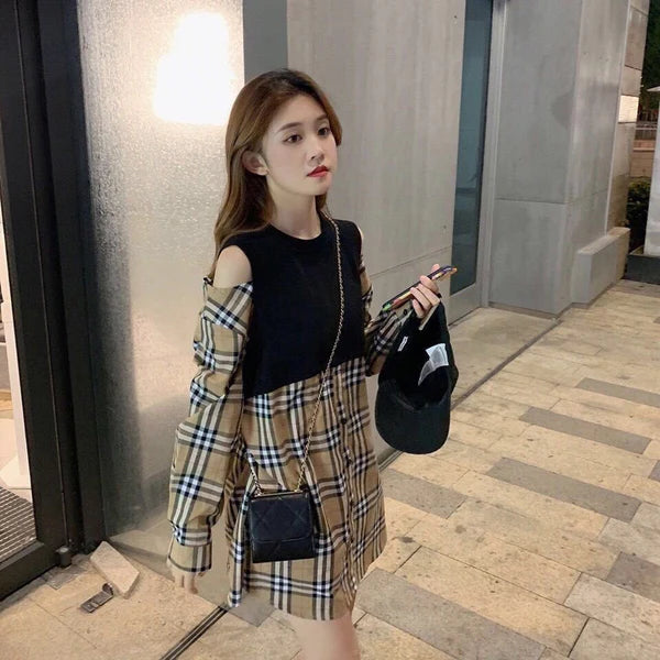 【Dress】肩見せ切り替えチェック柄ワンピース W13709