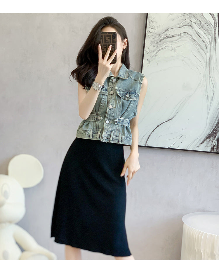 【Outer】レトロ風デニムベスト W11942