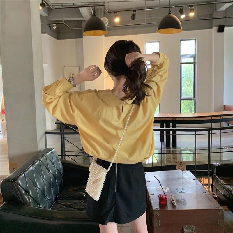 【tops】美人度アップ!韓国系スウィートデザインドールカラーセーターランタンスリーブシャツ