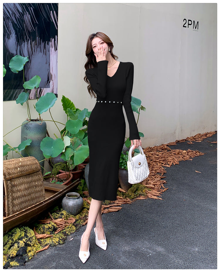 【Dress】ウエスト透かし彫りニットワンピース W13212