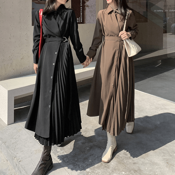 【Dress】新商品!シンプル無地長袖プリーツ切り替えシャツワンピース Z-0045