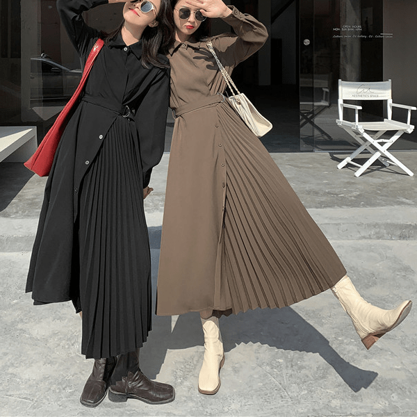 【Dress】新商品!シンプル無地長袖プリーツ切り替えシャツワンピース Z-0045