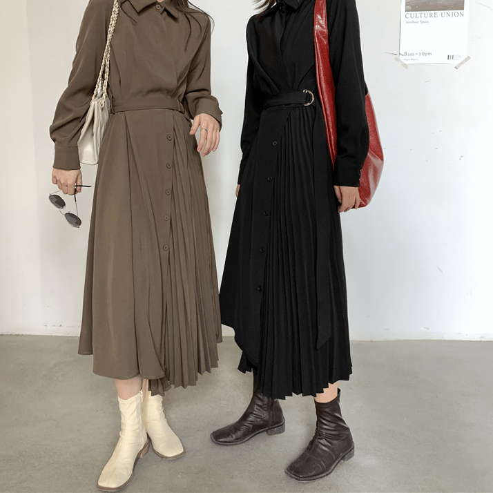 【Dress】新商品!シンプル無地長袖プリーツ切り替えシャツワンピース Z-0045
