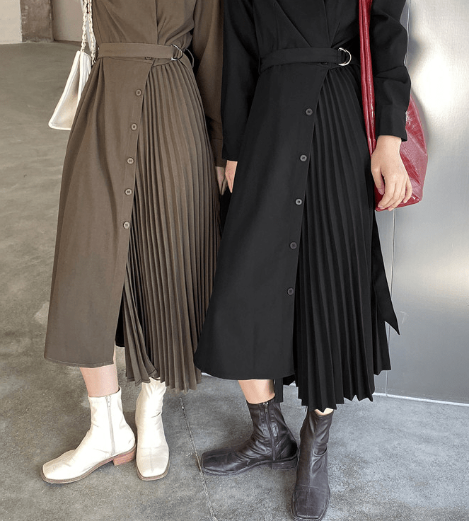 【Dress】新商品!シンプル無地長袖プリーツ切り替えシャツワンピース Z-0045