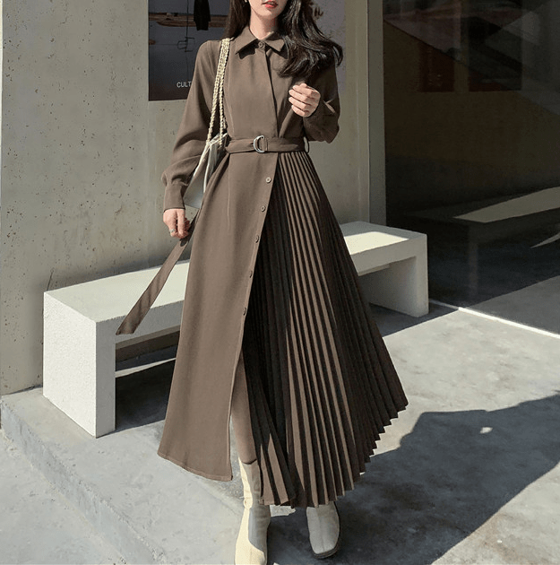 【Dress】新商品!シンプル無地長袖プリーツ切り替えシャツワンピース Z-0045
