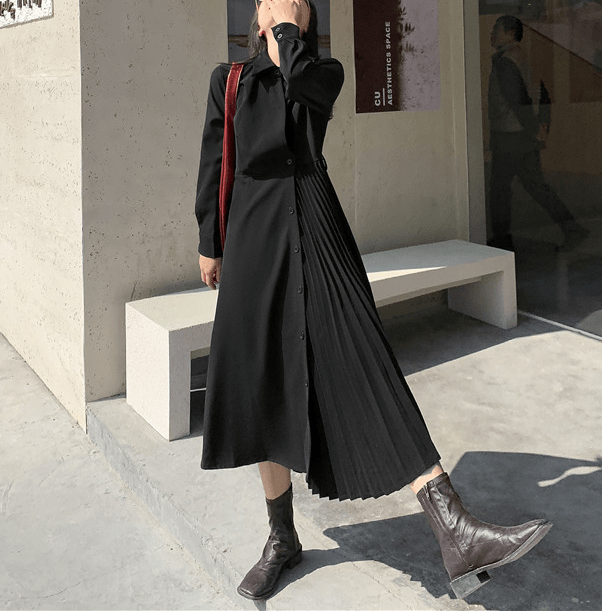 【Dress】新商品!シンプル無地長袖プリーツ切り替えシャツワンピース Z-0045