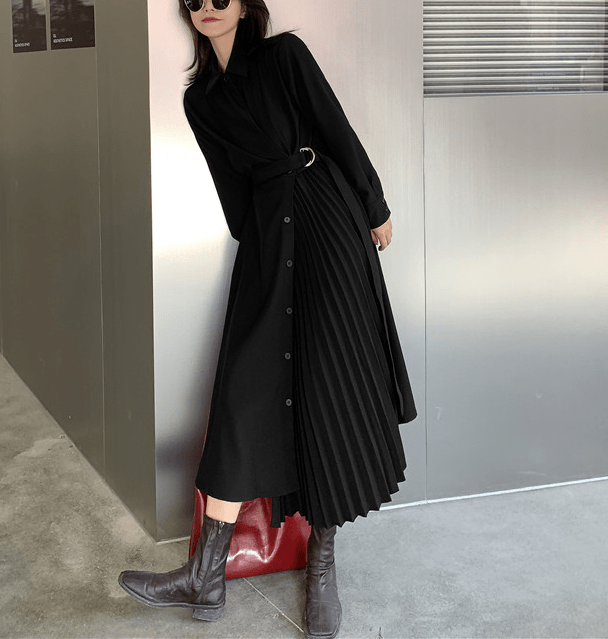【Dress】新商品!シンプル無地長袖プリーツ切り替えシャツワンピース Z-0045