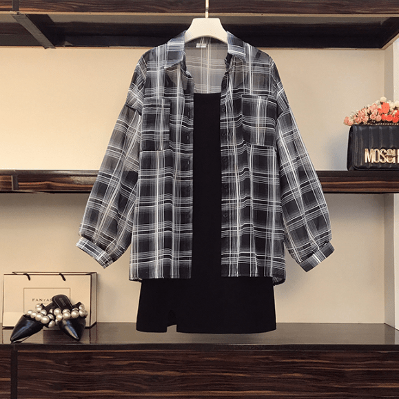 【Set】チェック柄シャツ + キャミワンピース重ね着2点セット   Z-2403