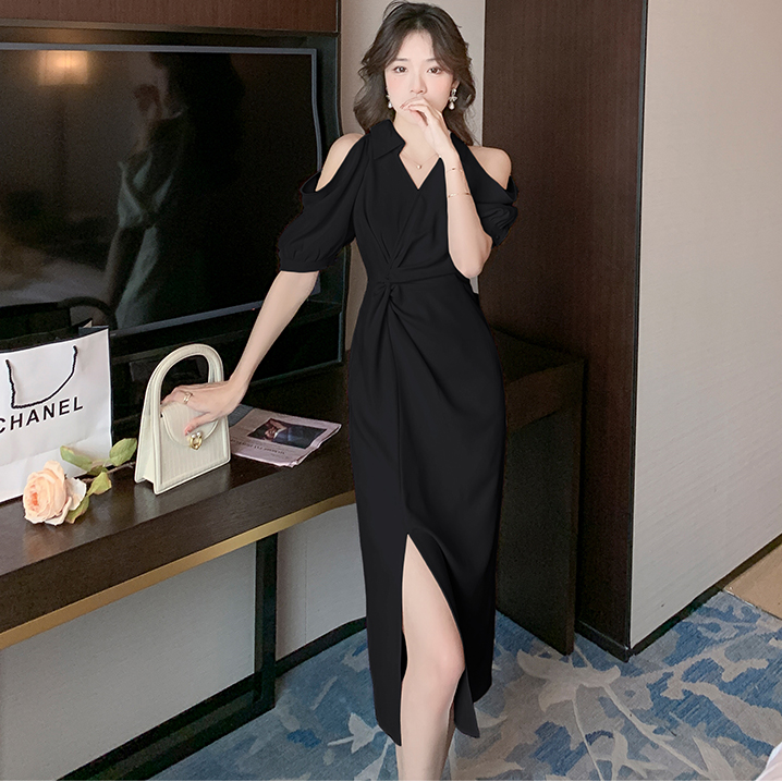 【Dress】新入荷~フレンチ風オフショルダー無地ウエストマーク着瘦せ春夏シャツワンピース Z-2861