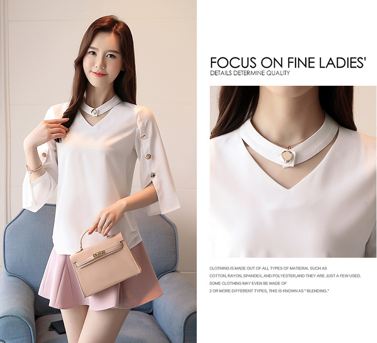 【Tops】高級感~オフィスカジュアル無地ホルターネック人気OL半端袖シフォンブラウス Z-3435