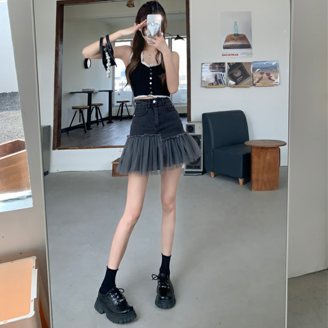 【Bottoms】新入荷~大人可愛いチュール切り替えハイウエスト着瘦せデニムミニスカート Z-3737
