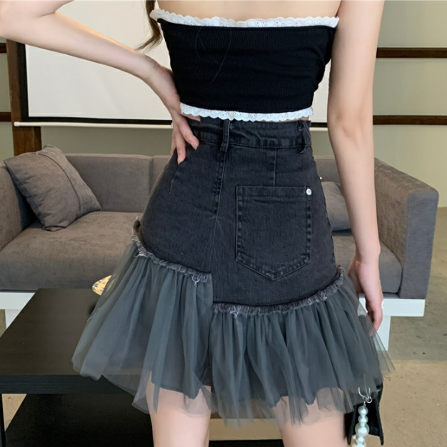 【Bottoms】新入荷~大人可愛いチュール切り替えハイウエスト着瘦せデニムミニスカート Z-3737