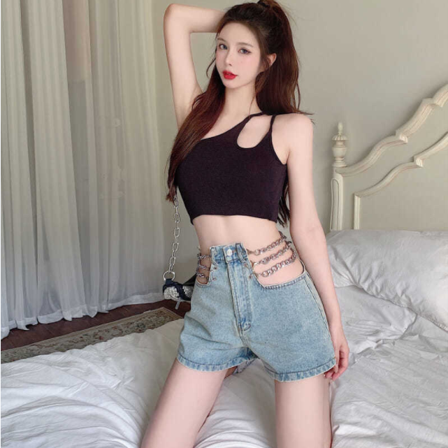 【Bottoms】韓国系ins風チェーン付きウエスト透かし彫り着瘦せショートパンツ Z-3804