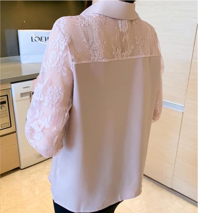 【Tops】フェミニン無地レース切替スリーブ折り襟シファンシャツ全2色選択可 Z-3895