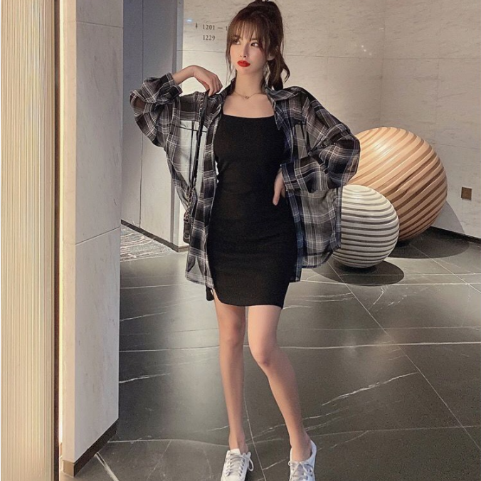 【Set】チェック柄シャツ + キャミワンピース重ね着2点セット   Z-2403