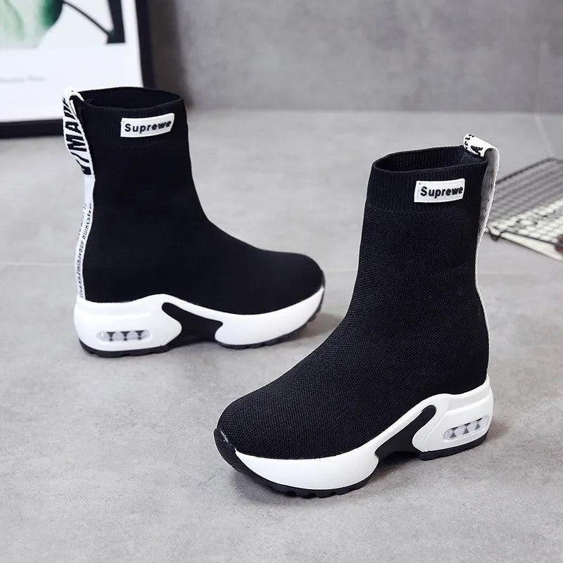 【Shoes】歩きやすい人気ロゴ刺繍厚底靴ニットブーツ Z-4325