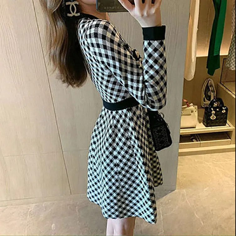 【Dress】新入荷~韓国ファッション千鳥格子Aライン秋冬ニットワンピース2色選択可 Z-4381