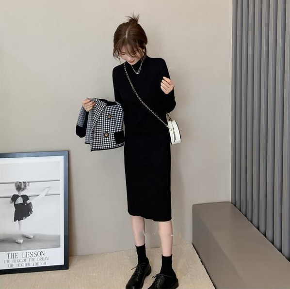 【Set】美人度アップ~フェミニン気質2点セット チェック柄ベスト +長袖ニットワンピース W-3057
