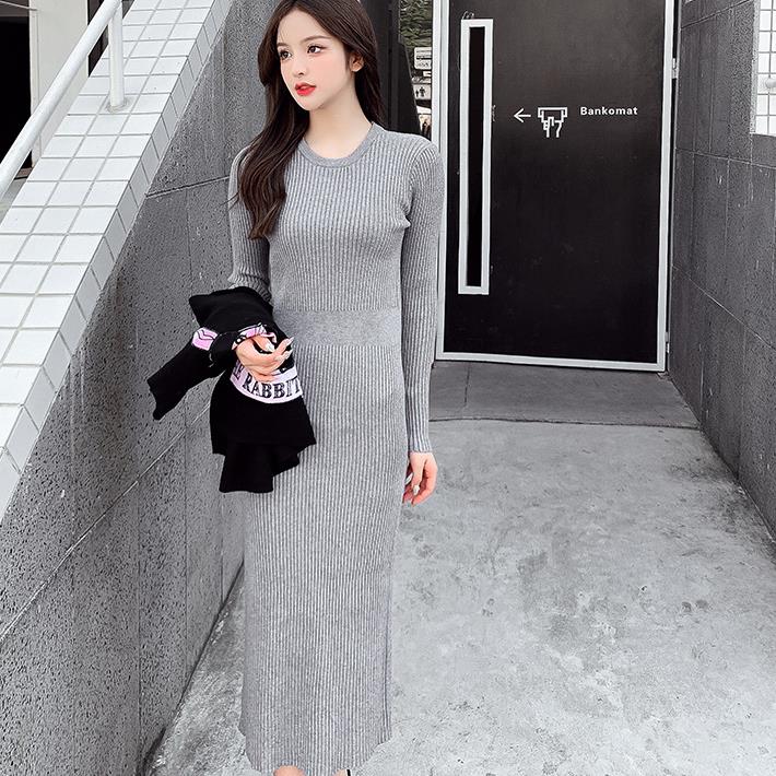 【Set】可愛い🐇ウサギプリント付きニットベスト +ロング丈ニットワンピース秋冬重ね着2点セット Z-4455