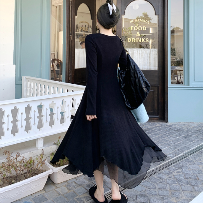 【Dress】2色展開~大人可愛いイレギュラー人気フリル付き春秋マキシ丈ニットワンピース Z-4461