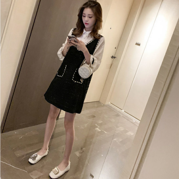 【Set】新入荷~大人可愛いレイヤード2点セット  シャツ + ツイード調ノースリーブワンピース  Z-4513