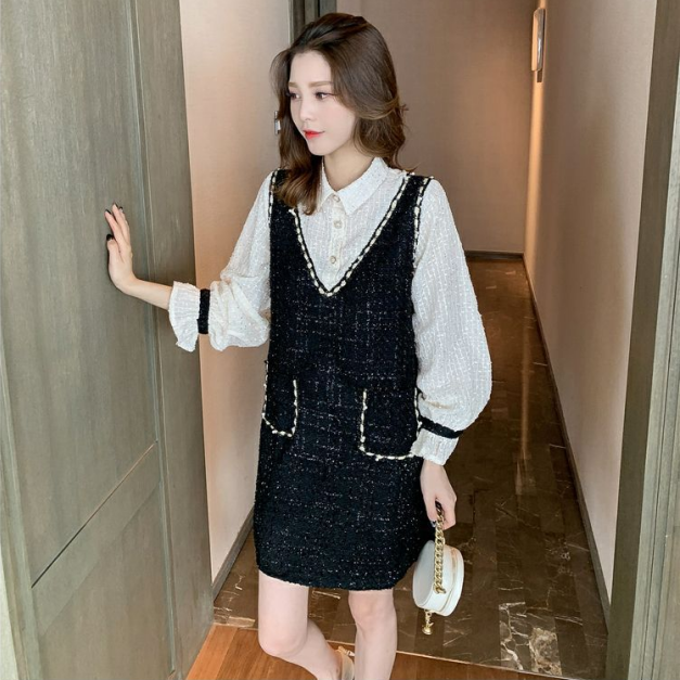 【Set】新入荷~大人可愛いレイヤード2点セット  シャツ + ツイード調ノースリーブワンピース  Z-4513