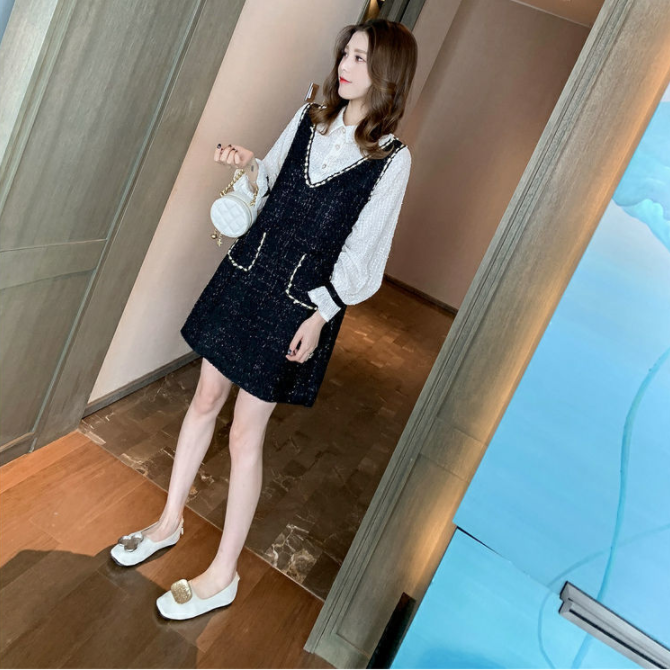 【Set】新入荷~大人可愛いレイヤード2点セット  シャツ + ツイード調ノースリーブワンピース  Z-4513