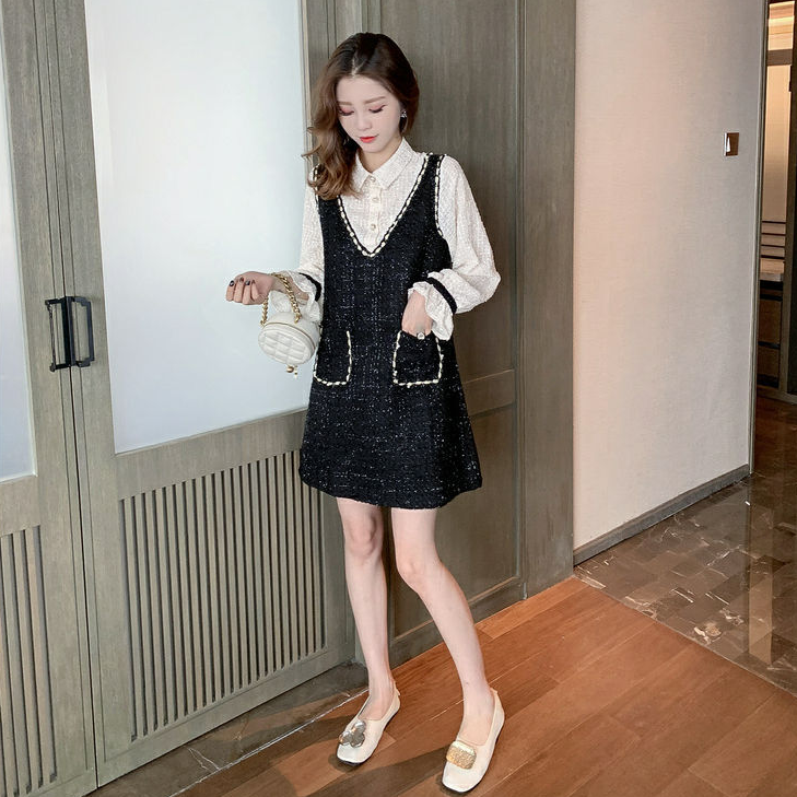 【Set】新入荷~大人可愛いレイヤード2点セット  シャツ + ツイード調ノースリーブワンピース  Z-4513