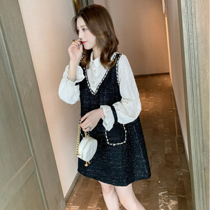 【Set】新入荷~大人可愛いレイヤード2点セット  シャツ + ツイード調ノースリーブワンピース  Z-4513