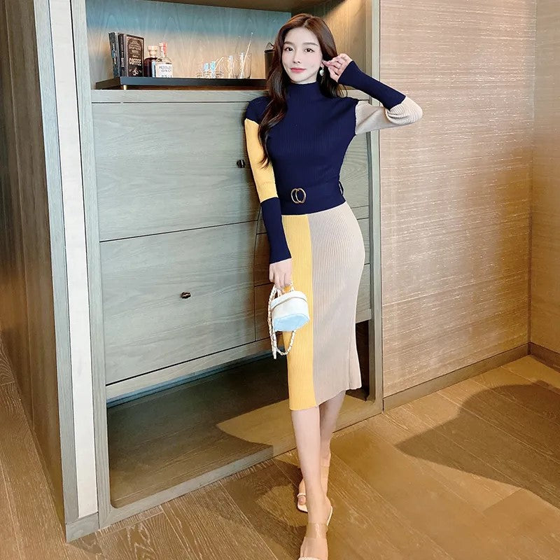 【Dress】着痩せ効果~韓国系chicフェミニン無地ウエスト絞りロング丈ニットワンピース Z-4615