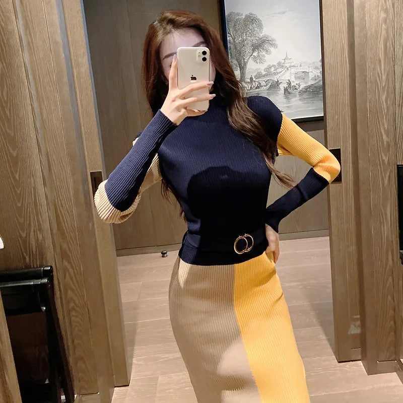 【Dress】着痩せ効果~韓国系chicフェミニン無地ウエスト絞りロング丈ニットワンピース Z-4615