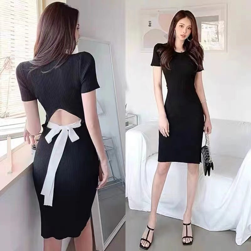 【Dress】女性らしく~フェミニン人気バックレス柔らかい半袖タイトニットワンピース Z-4823