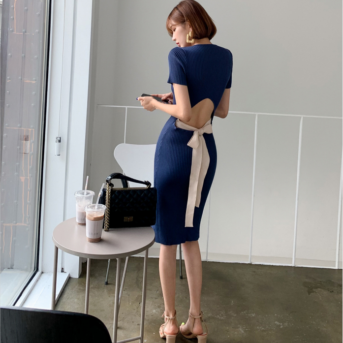 【Dress】女性らしく~フェミニン人気バックレス柔らかい半袖タイトニットワンピース Z-4823