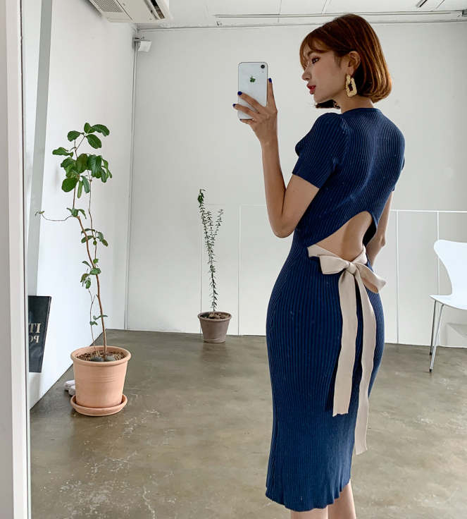 【Dress】女性らしく~フェミニン人気バックレス柔らかい半袖タイトニットワンピース Z-4823