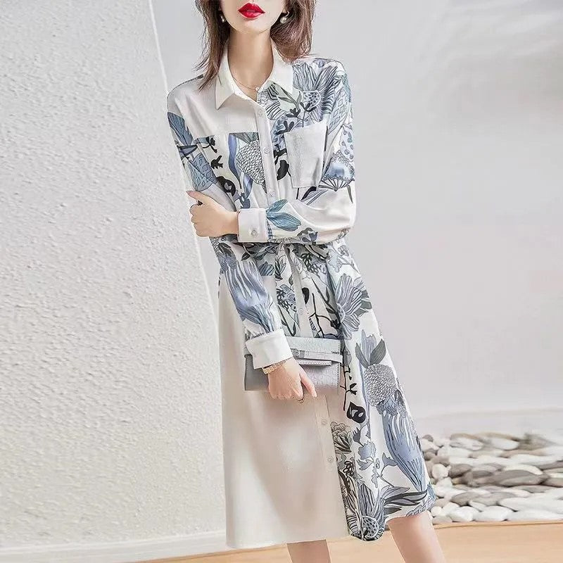 【Dress】オシャレ度満点~オフィスカジュアル春秋Aライン花柄シャツワンピース Z-4887