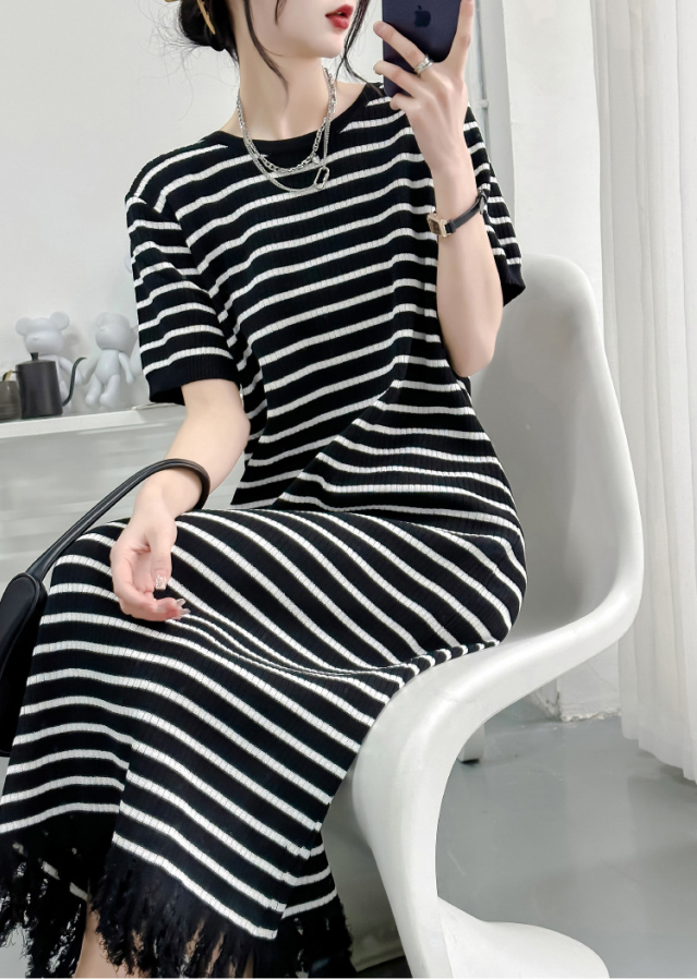 【Dress】合わせやすい3色展開~タッセル付きゆったり春夏ニットワンピース体型カバー Z-5047