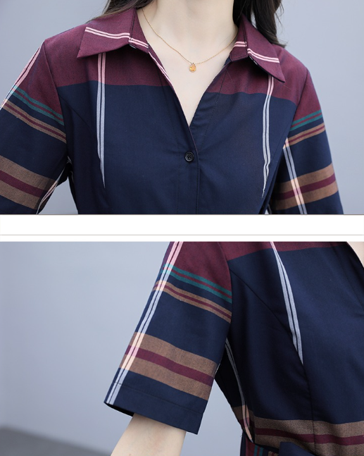 【Dress】大人らしい~夏季チェック柄半袖きれいめ不規則シャツワンピース W-6003