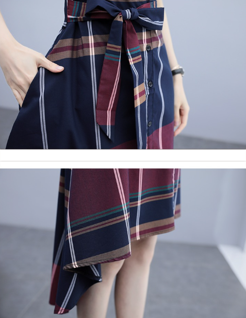 【Dress】大人らしい~夏季チェック柄半袖きれいめ不規則シャツワンピース W-6003